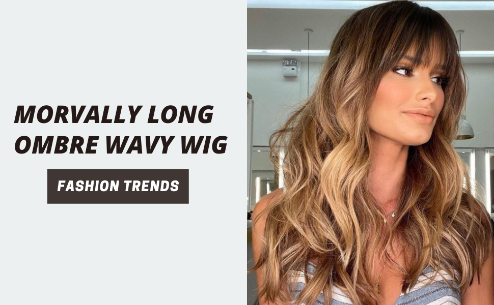 Morvally Long Ombre Color Wavy Wig with Bangs for Women Daily Use