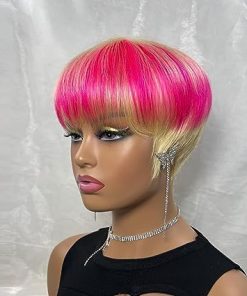 Wig store-Straight-Layered Pink Blonde Color Short Pixie Wigs Glueless Wig with Bangs Brazilian Real Human Hair None Lace Front Wig Popular Fashion Wigs Heat Resistant Hairpieces Women’s Wig (SW9412) 2