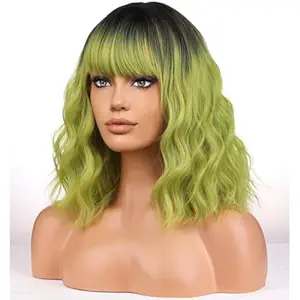 Wig store-Curly-BERON Green Ombre Womens Wig Short Curly Wavy Girls Hair Wigs with Bangs Dark Roots Color Wavy Hair Wigs 12” Women’s Synthetic Wig Daily Use Wig store-Curly-BERON Green Ombre Womens Wig Short Curly Wavy Girls Hair Wigs with Bangs Dark Roots Color Wavy Hair Wigs 12'' Women's Synthetic Wig Daily Use