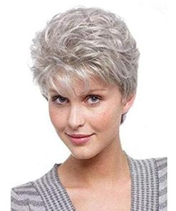 Wig store-Wavy-Umeet Short Fluffy Curly Wavy Hair Natural Grey Synthetic Wigs With Bangs for Women With Wig Cap 2