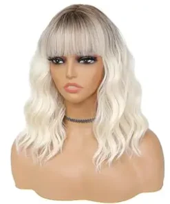Wig store-Wavy-Ombre Platinum Blonde Wig with Bangs for Women 14 Inch Shoulder Length Short Bob Wavy Curly Wig Platinum Blonde Wig Heat Resistant Synthetic Wigs