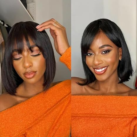 Wig store-Wavy-Beroyal Bob wig Natural Black Applicable to Black women Straight Human hair 180% Density Glueless Pre bleached knots 3×1 Pre cut lace(bob wig 1B with bangs- 10 inch) 2 Wig store-Wavy-Beroyal Bob wig Natural Black Applicable to Black women Straight Human hair 180% Density Glueless Pre bleached knots 3x1 Pre cut lace(bob wig 1B with bangs- 10 inch) - Image 2