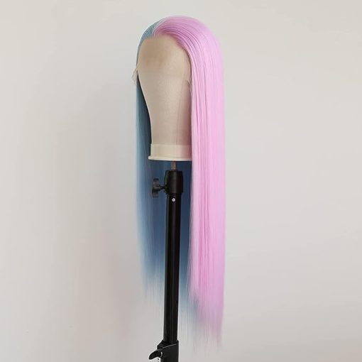 Wig store-Straight-Synthetic Half Pink Half Blue Lace Front Wigs Long Silky Straight Wig Heat Resistant Fiber Synthetic Half Wigs Middle Part Replacement Wig - Image 2