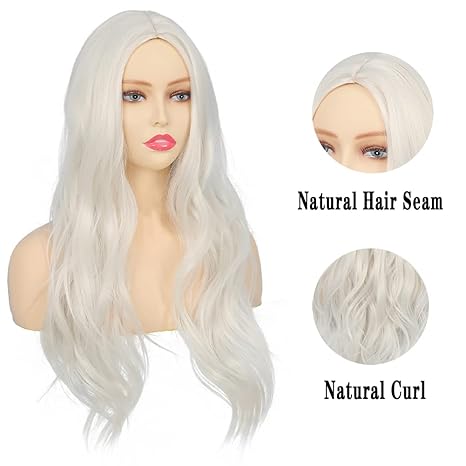 Wig store-Wavy-Swiking White Long Curly Wavy Wigs for Women Soft Natural Synthetic Hair Middle Parting Heat Resistant Halloween Cosplay Costume Cream White Full Wig 3 Wig store-Wavy-Swiking White Long Curly Wavy Wigs for Women Soft Natural Synthetic Hair Middle Parting Heat Resistant Halloween Cosplay Costume Cream White Full Wig - Image 3