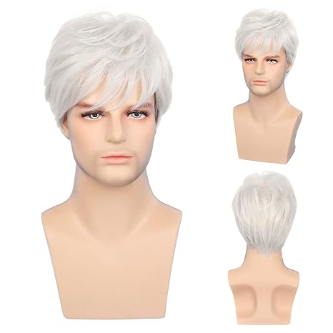 Wig store-Straight-Mens White Wigs Short Layered Natural Cosplay Costume Halloween Synthetic Heat Resistant Replacement Wig with Wig Cap Wig store-Straight-Mens White Wigs Short Layered Natural Cosplay Costume Halloween Synthetic Heat Resistant Replacement Wig with Wig Cap