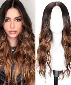 Wig store-Wavy-Brown Highlight Wig for Women- 26 Inch Long Wavy Lace Hairline Middle Part Natural Looking Synthetic Heat Resistant Fiber Wigs for Daily