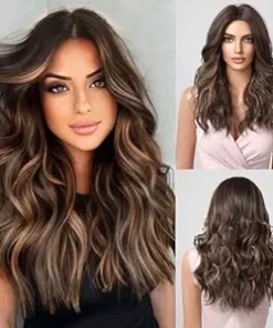 Wig store-Curly-HAIRCUBE Long Dark Brown with Highlights Wigs for Women Synthetic Curly Wavy Hair Wig