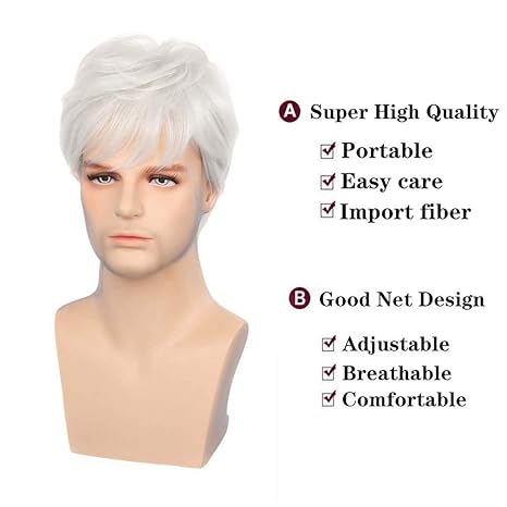 Wig store-Straight-Mens White Wigs Short Layered Natural Cosplay Costume Halloween Synthetic Heat Resistant Replacement Wig with Wig Cap 3 Wig store-Straight-Mens White Wigs Short Layered Natural Cosplay Costume Halloween Synthetic Heat Resistant Replacement Wig with Wig Cap - Image 3