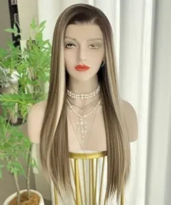 Wig store-Straight-Blonde Wigs with Chocolate Brown and Platinum Highlight 13×4 Synthetic Lace Front Wig Long Silky Straight 22Inch Pre Plucked Hairline for Women
