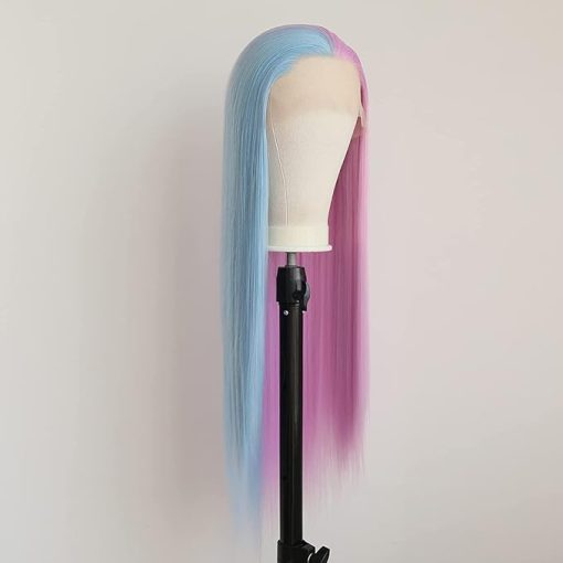 Wig store-Straight-Synthetic Half Pink Half Blue Lace Front Wigs Long Silky Straight Wig Heat Resistant Fiber Synthetic Half Wigs Middle Part Replacement Wig - Image 3