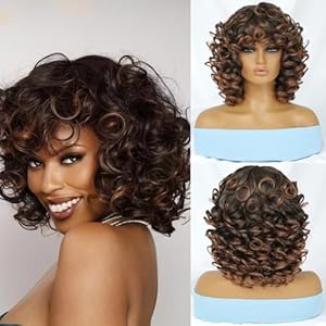 Wig store-Curly-Short Loose Curly Afro Wigs with Bangs for Black Women Ombre Brown Color Afro Big Curly Wig for Women Synthetic Heat Resistant Bouncy Cute Fluffy Wigs for Women (14 Inch- T2-30) Wig store-Curly-Short Loose Curly Afro Wigs with Bangs for Black Women Ombre Brown Color Afro Big Curly Wig for Women Synthetic Heat Resistant Bouncy Cute Fluffy Wigs for Women (14 Inch- T2-30)
