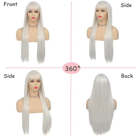 Wig store-Dry-White Straight Long Wigs for Women with Flat Bangs Synthetic Hair Natural Looking Halloween Cosplay Daily Wig with Wig Cap 3 Wig store-Dry-White Straight Long Wigs for Women with Flat Bangs Synthetic Hair Natural Looking Halloween Cosplay Daily Wig with Wig Cap - Image 3