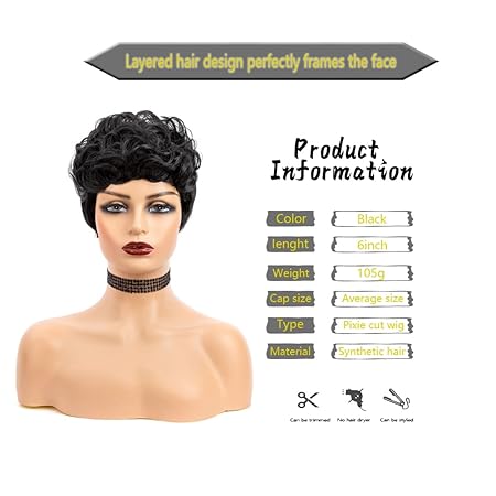 Wig store-Thick-Pixie Cut Wig for Black Women Synthetic Short Wigs for Black Women Natrual Black Layered Wig with Bangs Black Women’S Synthetic Hair Wigs Wavy Fluffy Short Curly Wig(black) 3 Wig store-Thick-Pixie Cut Wig for Black Women Synthetic Short Wigs for Black Women Natrual Black Layered Wig with Bangs Black Women'S Synthetic Hair Wigs Wavy Fluffy Short Curly Wig(black) - Image 3