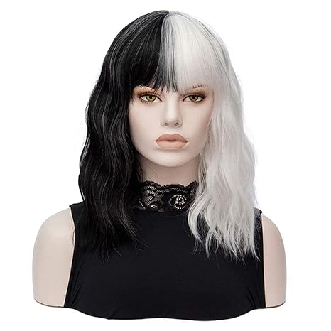 Wig store-Curly-MORTICIA Shoulder Length Short Curly Women Full Bang Heat Resistant Fiber Replacement Bob Wig (White and Black) 2 Wig store-Curly-MORTICIA Shoulder Length Short Curly Women Full Bang Heat Resistant Fiber Replacement Bob Wig (White and Black) - Image 2