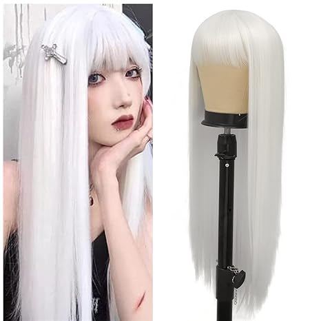 Wig store-Dry-White Straight Long Wigs for Women with Flat Bangs Synthetic Hair Natural Looking Halloween Cosplay Daily Wig with Wig Cap 2 Wig store-Dry-White Straight Long Wigs for Women with Flat Bangs Synthetic Hair Natural Looking Halloween Cosplay Daily Wig with Wig Cap - Image 2