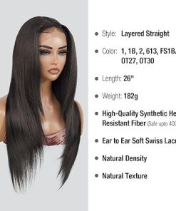 Wig store-Straight-Straight Lace Front Wig Layered 26 Inch Long Waist Length Middle Center Part Wig for Black Women Heat Resistant Synthetic Wigs DPL001 (26 Inch- 2-Dark Brown) 2