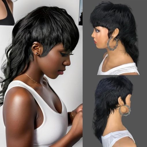 Wig store-Straight-Wear And Go Wolfcut Mullet Wig Human Hair Straight Dovetail Wig 80s 90s Short Pixie Cut Wigs Glueless Brazilian Human Hair Wigs For Women Black Full Machine Made Wig With Bangs