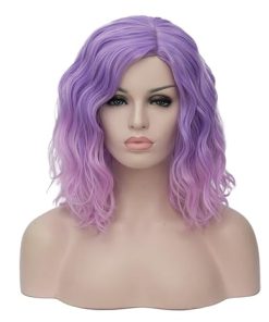 Wig store-Wavy-BUFASHION 14″ Women Short Pink Purple Bob Wavy Glue Less Synthetic Hair Wig 46 Colors Available（Pink Purple）