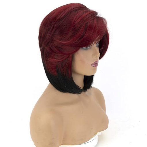 Wig store-Straight-Fencca Short Pixie Cut Bob Wigs for Black Women Ombre Burgundy Red Wig with Bangs Side Part Layered Synthetic Burgundy Wig Natural Looking for Daily Party Use (red wine) - Image 2