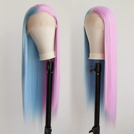 Wig store-Straight-Synthetic Half Pink Half Blue Lace Front Wigs Long Silky Straight Wig Heat Resistant Fiber Synthetic Half Wigs Middle Part Replacement Wig