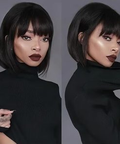 Wig store-Straight-Short Straight Bob Wig With Bangs Human Hair Brazilian Virgin Human Hair Wigs for Black Women None Lace Front Wigs Wear and Go Glueless Machine Made Bob Wigs Natural Black 10 Inch