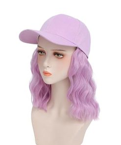 Wig store-Wavy-Synthetic Wig Hat with Natural Wave hair Extensions attached for woman Baseball cap wig purple curly wavy Hairstyle Adjustable purple Hat Wig (Purple- 14inch) 2