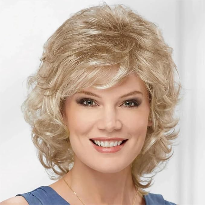 Wig store-Curly-Sallcks Short Curly Blonde Wig for White Women Natural Curly Layered Fluffy Synthetic Hair Replacement Wigs for Women Wig store-Curly-Sallcks Short Curly Blonde Wig for White Women Natural Curly Layered Fluffy Synthetic Hair Replacement Wigs for Women