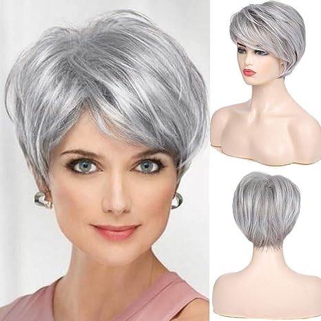 Wig store-Normal-Short Grey Wigs for White Women Short Cut Layer Sliver Gray Wigs with Bangs Synthetic Hair Replacement Wigs Wig store-Normal-Short Grey Wigs for White Women Short Cut Layer Sliver Gray Wigs with Bangs Synthetic Hair Replacement Wigs