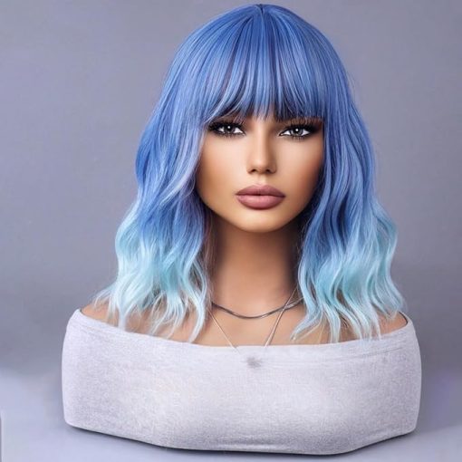Wig store-Curly-Blue Ombre Short Bob Wig Blue to Light Blue Wig Short Curly Wavy Wig With Bangs for Women Ombre Blue Wig Heat Resistant Synthetic Hair Wigs for Daily Use Cosplay Wig With Wig Cap - Image 3