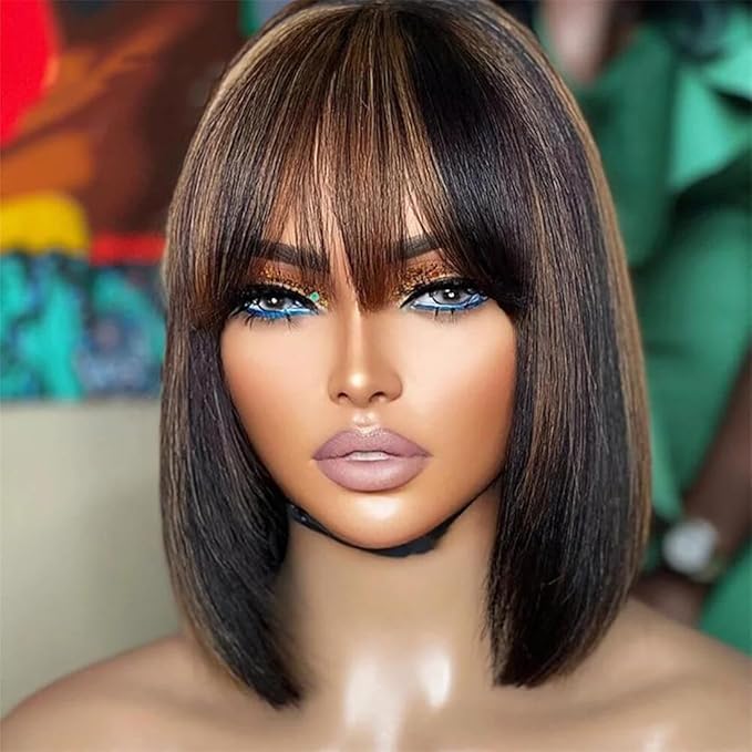 Wig store-Straight-Bob Wig Human Hair with Bangs Glueless 2.5×1 HD Lace Colsure Wigs Human-Yaki Bob Wig with Brown Highlights Wig store-Straight-Bob Wig Human Hair with Bangs Glueless 2.5x1 HD Lace Colsure Wigs Human-Yaki Bob Wig with Brown Highlights