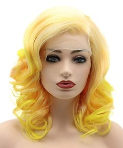 Wig store-Wavy-Hair Wavy Shoulder Length 16inch Two Tone Pink Root Golden Ombre Heavy Density Realistic Synthetic Lace Front Wigs