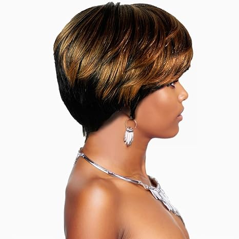 Wig store-Fine-Layered Pixie Cut Short Wig With Bangs 100% Brazilian Human Hair Black with Auburn Highlights Ombre 1/30 180% Density Glueless Machine Made With Razor Comb With Wig Cap Adjustable Cap 3 Wig store-Fine-Layered Pixie Cut Short Wig With Bangs 100% Brazilian Human Hair Black with Auburn Highlights Ombre 1/30 180% Density Glueless Machine Made With Razor Comb With Wig Cap Adjustable Cap - Image 3