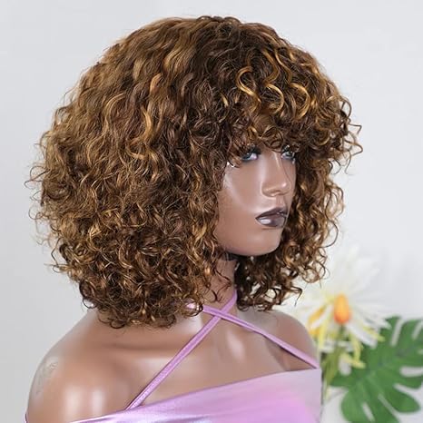 Wig store-Curly-Short Curly Wig Human Hair with Bangs for Black Women Human Hair glueless #P4/30 Hlghlight Blonde Short Water Wave Human Hair Wig 180% Density Full Machine Made 100% Remy Human Hair 12inch 3 Wig store-Curly-Short Curly Wig Human Hair with Bangs for Black Women Human Hair glueless #P4/30 Hlghlight Blonde Short Water Wave Human Hair Wig 180% Density Full Machine Made 100% Remy Human Hair 12inch - Image 3