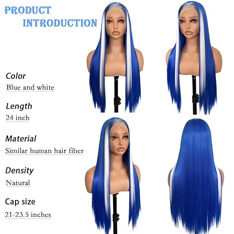Wig store-Straight-Blue Lace Front Synthetic Wig Hightlight Pre-Plucked Glueless Blue White Wear and go HD Lace Front Wig Synthetic Long Straight Lace Front Wig with Highlights 3 Wig store-Straight-Blue Lace Front Synthetic Wig Hightlight Pre-Plucked Glueless Blue White Wear and go HD Lace Front Wig Synthetic Long Straight Lace Front Wig with Highlights - Image 3
