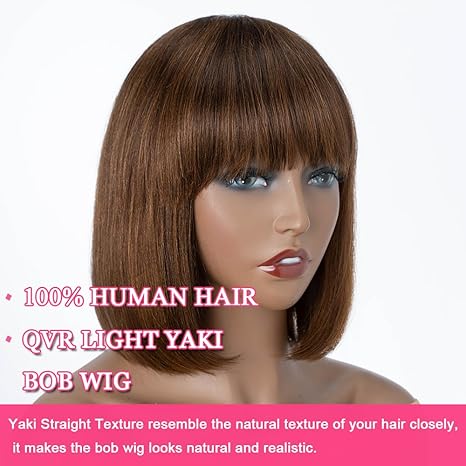 Wig store-Straight-QUEEN VIRGIN REMY QVR Highlight 8inch Light Yaki Straight Bob Wig Human Hair with Bangs 180% Density Glueless Machine Made None Lace Front Short Bob Wigs Ombre Brown Highlights Color for Black Women 3 Wig store-Straight-QUEEN VIRGIN REMY QVR Highlight 8inch Light Yaki Straight Bob Wig Human Hair with Bangs 180% Density Glueless Machine Made None Lace Front Short Bob Wigs Ombre Brown Highlights Color for Black Women - Image 3
