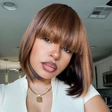 Wig store-Straight-QUEEN VIRGIN REMY QVR Highlight 8inch Light Yaki Straight Bob Wig Human Hair with Bangs 180% Density Glueless Machine Made None Lace Front Short Bob Wigs Ombre Brown Highlights Color for Black Women Wig store-Straight-QUEEN VIRGIN REMY QVR Highlight 8inch Light Yaki Straight Bob Wig Human Hair with Bangs 180% Density Glueless Machine Made None Lace Front Short Bob Wigs Ombre Brown Highlights Color for Black Women
