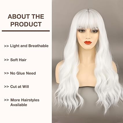 Wig store-Wavy-FORCUTEU White Wig with Bangs Long Wig for Women Wavy Wigs Heat Resistant Wigs for Daily Party Halloween Cosplay Use (White- 26 Inch) 2 Wig store-Wavy-FORCUTEU White Wig with Bangs Long Wig for Women Wavy Wigs Heat Resistant Wigs for Daily Party Halloween Cosplay Use (White- 26 Inch) - Image 2
