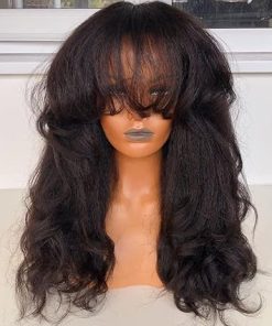 Wig store-Yaki Wavy-200 Density Yaki Wavy Wigs Brazilian Human Hair Scalp Top Full Machine Made Wig Yaki Wavy With Bangs Remy Human Hair For Women Natural Color 12 Inch