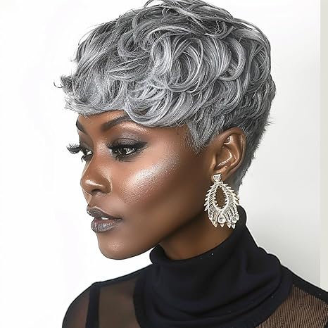 Wig store-Curly-Short Wig for Black Women Grey Short Pixie Wig for Women Curly Pixie Wigs with Bangs Layered Wig Short Wigs Pixie Cut Wigs for Black Women (Grey) 2 Wig store-Curly-Short Wig for Black Women Grey Short Pixie Wig for Women Curly Pixie Wigs with Bangs Layered Wig Short Wigs Pixie Cut Wigs for Black Women (Grey) - Image 2