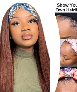 Wig store-Wavy-#4 Chocolate Brown Headband Wig Human Hair Machine Made Headband Wig Grade 8A Glueless Brazilian Remy Human Hair Wavy Wig 150% Density No Lace Wig 28 Inch #4 Straight Brown Wave Wig Human Hair 2