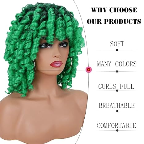 Wig store-Coily-andromeda Ombre Green Wigs for Black Women Soft Short Curly Wig with Bangs Synthetic Afro Loose Kinky Curly Wig St. Patrick’s Day Halloween Costumes Cosplay Wigs(Black to Green) 3 Wig store-Coily-andromeda Ombre Green Wigs for Black Women Soft Short Curly Wig with Bangs Synthetic Afro Loose Kinky Curly Wig St. Patrick's Day Halloween Costumes Cosplay Wigs(Black to Green) - Image 3