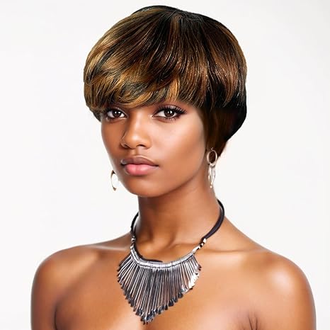 Wig store-Fine-Layered Pixie Cut Short Wig With Bangs 100% Brazilian Human Hair Black with Auburn Highlights Ombre 1/30 180% Density Glueless Machine Made With Razor Comb With Wig Cap Adjustable Cap 2 Wig store-Fine-Layered Pixie Cut Short Wig With Bangs 100% Brazilian Human Hair Black with Auburn Highlights Ombre 1/30 180% Density Glueless Machine Made With Razor Comb With Wig Cap Adjustable Cap - Image 2