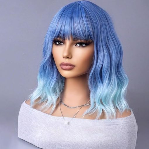 Wig store-Curly-Blue Ombre Short Bob Wig Blue to Light Blue Wig Short Curly Wavy Wig With Bangs for Women Ombre Blue Wig Heat Resistant Synthetic Hair Wigs for Daily Use Cosplay Wig With Wig Cap - Image 2