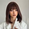 Wig store-Straight-Short Brown Bob Wig with Bangs Glueless Short BOb Dark Brown Wig for Women Synthetic Wig 150% Density Straight Brown Wigs with Bangs
