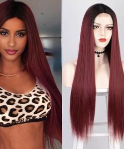 Wig store-Straight-L’veetie Red Hair Wigs- Synthetic Pre Plucked 28 Inch Long Straight Burgundy Wig for Women