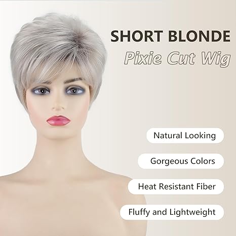 Wig store-Straight-SEVENCOLORS Short White Blonde Pixie Cut Wigs for Women Layered Fluffy Mixed Blonde Wigs with Dark Roots Synthetic Hair Short Wig for White Women 2 Wig store-Straight-SEVENCOLORS Short White Blonde Pixie Cut Wigs for Women Layered Fluffy Mixed Blonde Wigs with Dark Roots Synthetic Hair Short Wig for White Women - Image 2