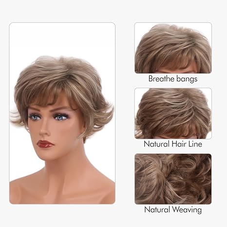 Wig store-Wavy-Ash Brown Blonde Short Pixie Cut Wig With Bangs for Women Natural Layered Hairstyles Womens Wigs Synthetic Hair Wig for Women Ladies Daily Used Costume Pixie Wigs 3 Wig store-Wavy-Ash Brown Blonde Short Pixie Cut Wig With Bangs for Women Natural Layered Hairstyles Womens Wigs Synthetic Hair Wig for Women Ladies Daily Used Costume Pixie Wigs - Image 3