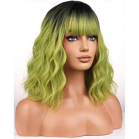 Wig store-Curly-BERON Green Ombre Womens Wig Short Curly Wavy Girls Hair Wigs with Bangs Dark Roots Color Wavy Hair Wigs 12” Women’s Synthetic Wig Daily Use 3 Wig store-Curly-BERON Green Ombre Womens Wig Short Curly Wavy Girls Hair Wigs with Bangs Dark Roots Color Wavy Hair Wigs 12'' Women's Synthetic Wig Daily Use - Image 3