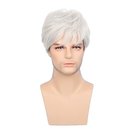 Wig store-Straight-Mens White Wigs Short Layered Natural Cosplay Costume Halloween Synthetic Heat Resistant Replacement Wig with Wig Cap 2 Wig store-Straight-Mens White Wigs Short Layered Natural Cosplay Costume Halloween Synthetic Heat Resistant Replacement Wig with Wig Cap - Image 2