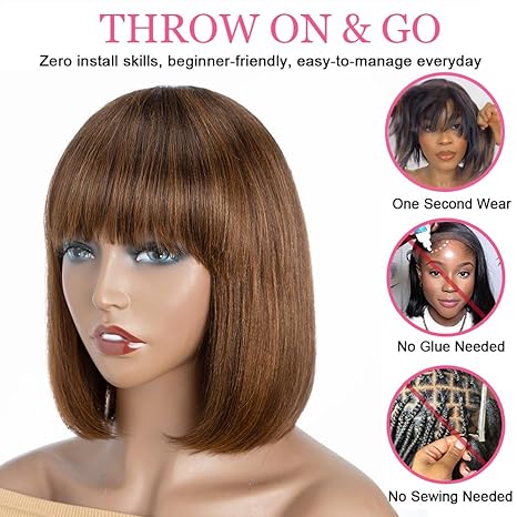 Wig store-Straight-QUEEN VIRGIN REMY QVR Highlight 8inch Light Yaki Straight Bob Wig Human Hair with Bangs 180% Density Glueless Machine Made None Lace Front Short Bob Wigs Ombre Brown Highlights Color for Black Women 2 Wig store-Straight-QUEEN VIRGIN REMY QVR Highlight 8inch Light Yaki Straight Bob Wig Human Hair with Bangs 180% Density Glueless Machine Made None Lace Front Short Bob Wigs Ombre Brown Highlights Color for Black Women - Image 2